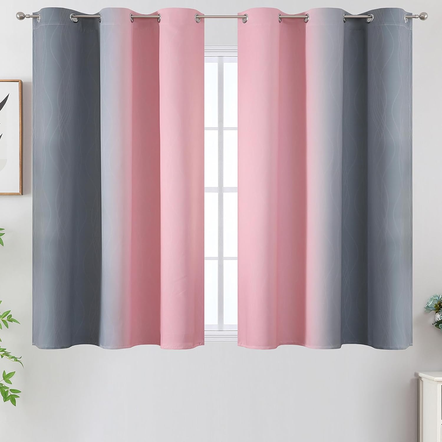 Pink and Gray Ombre Blackout Curtains for Bedroom 45 Inch Long 2 Panels