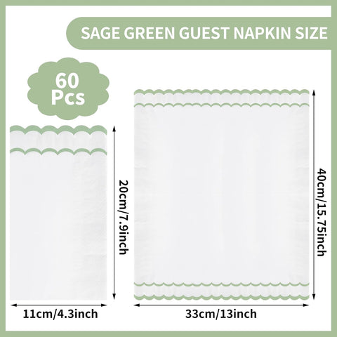 NatNarr 60 Pcs Sage Green and White Napkins, 2 Ply Scalloped Napkins