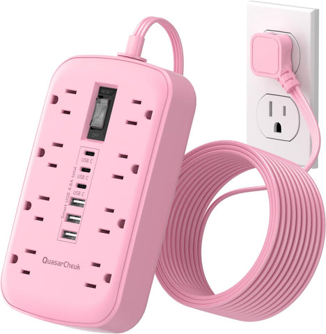 Pink Extension Cord with Surge Protector, 5 FT Flat Plug Power Strip
