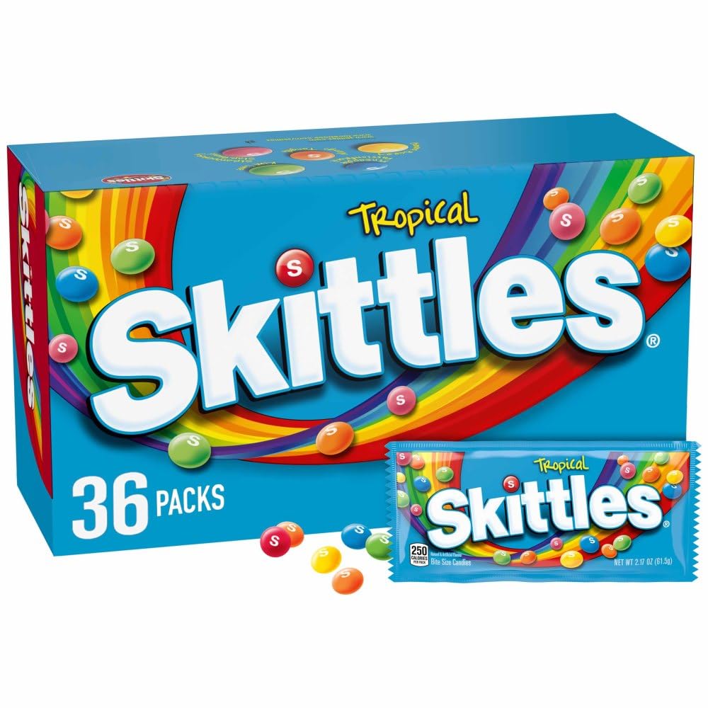SKITTLES Tropical Fruity Chewy Candy, Bulk Box Individually Wrapped 36 Pack | Chewy tropical fruit rainbow candy, individually wrapped single packs for movie nights, party favors, snack box, goodie bags