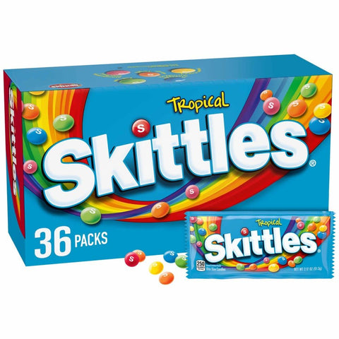 SKITTLES Tropical Fruity Chewy Candy, Bulk Box Individually Wrapped 36 Pack | Chewy tropical fruit rainbow candy, individually wrapped single packs for movie nights, party favors, snack box, goodie bags