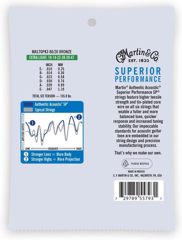 Martin Authentic Acoustic Guitar Strings, Superior Performance Extra Light 10-47 80/20 Bronze, 3 Pack