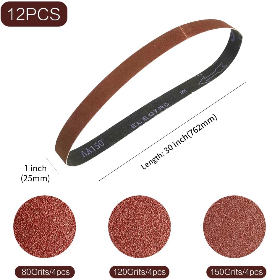 1x30 1 x 30 inch Sanding Belt Pack 1-Inch x 30-Inch,12 Pcs(4 Each of 80 120 150 Grits) Aluminum Oxide for Sander