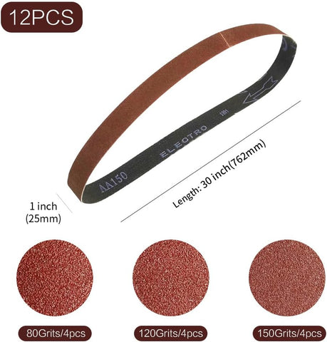 1x30 1 x 30 inch Sanding Belt Pack 1-Inch x 30-Inch,12 Pcs(4 Each of 80 120 150 Grits) Aluminum Oxide for Sander