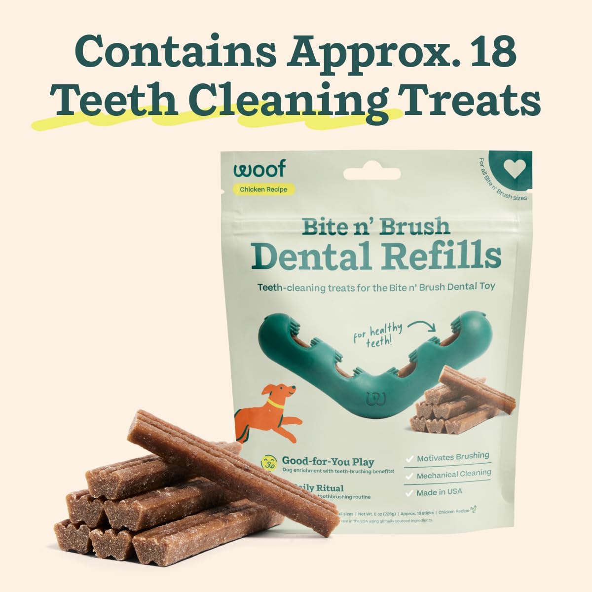 WOOF Bite n' Brush Dog Dental Stick Refills for Chew Toy, Chicken, 18 Count