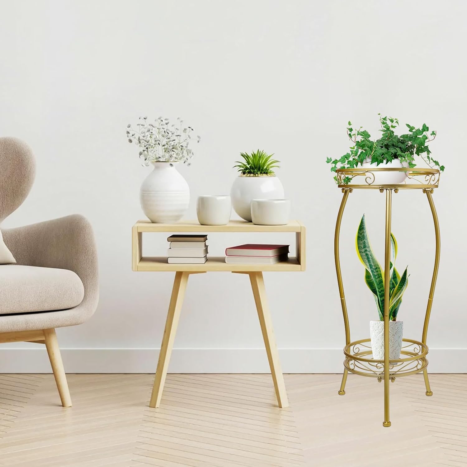 Kavlium Plant Stand Indoor Outdoor, Tall Metal, 2 Tier 27.1 Inch, Gold