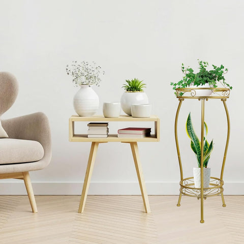 Kavlium Plant Stand Indoor Outdoor, Tall Metal, 2 Tier 27.1 Inch, Gold
