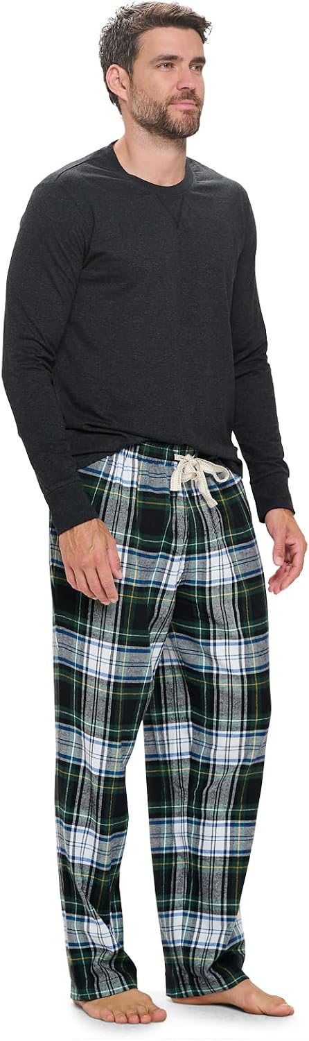 Ashford & Brooks Mens Flannel Pajamas Set, Jersey Cotton Long Sleeve Top & Plaid Pants Flannel Pjs Sets