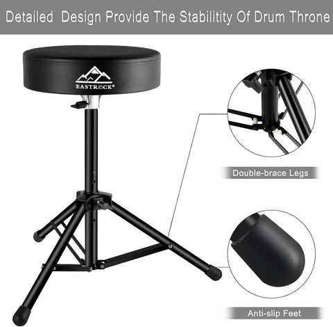 EASTROCK Drum Throne,Padded Drum Seat Drumming Stools with Anti-Slip Feet for Adults and Kids Drummers (Black Upgrade)