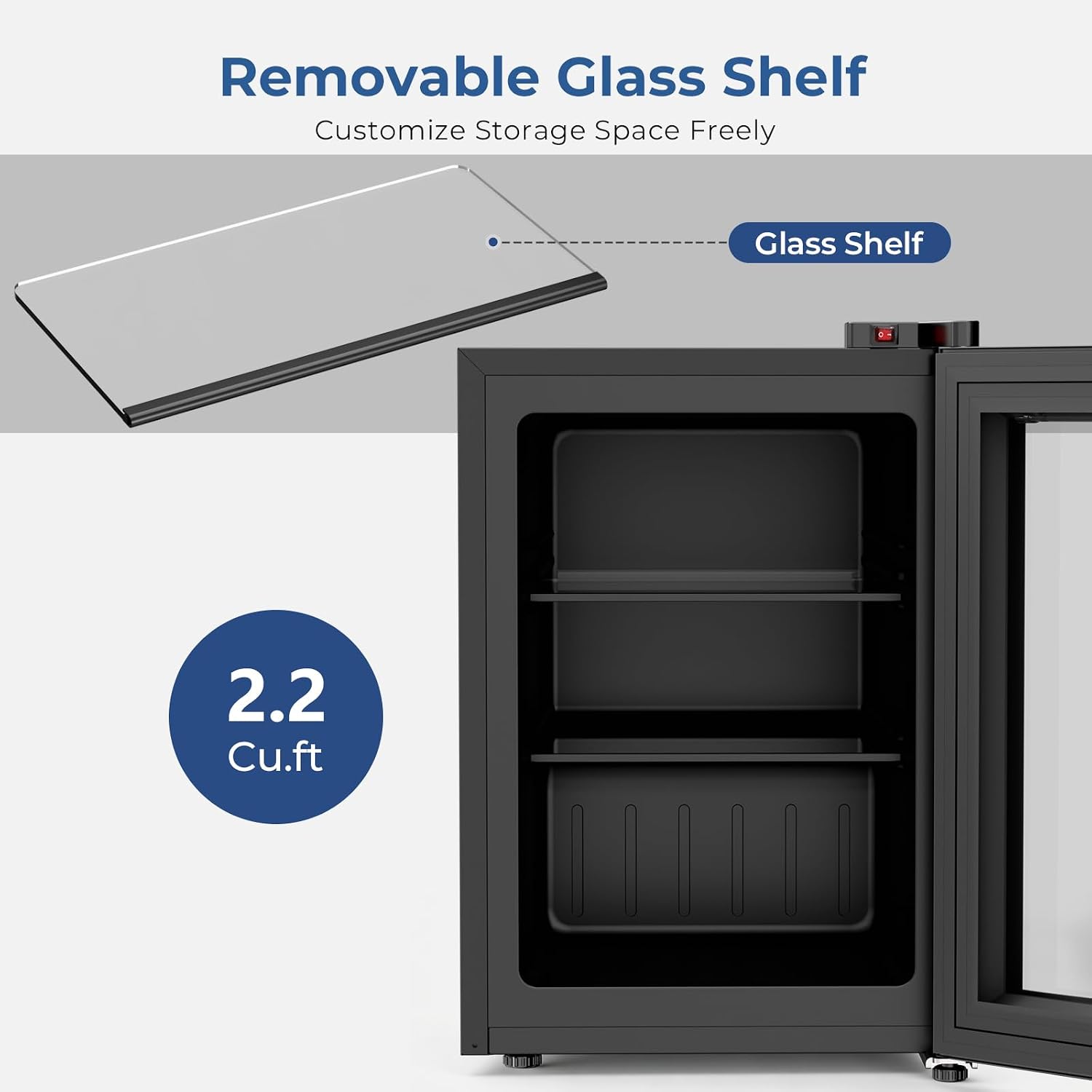 COWSAR Mini Upright Freezer Countertop, 2.2 Cu.ft Compact Display Freezer with Glass Door, 7 Adjustable Temperature Settings (-1 to -14℉), Quiet & Energy-Efficient, Dark Black
