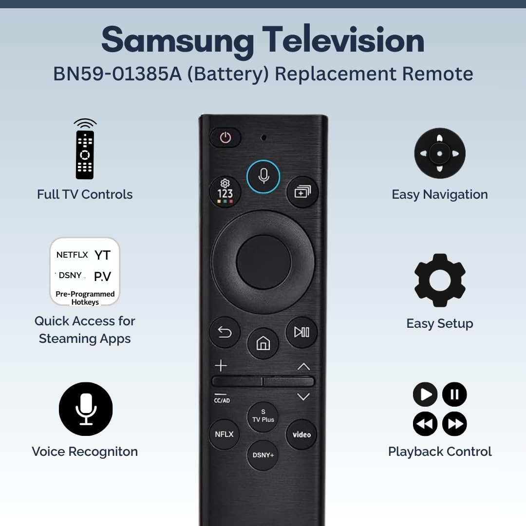BN59-01385A Samsung TV Remote Control Replacement for Smart TV - Easy Setup, Universal Bluetooth/IR Voice Remote, No Solarcell - Works with Samsung QLED, Frame, Crystal UHD, 4K, & LED Smart TVs