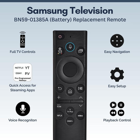 BN59-01385A Samsung TV Remote Control Replacement for Smart TV - Easy Setup, Universal Bluetooth/IR Voice Remote, No Solarcell - Works with Samsung QLED, Frame, Crystal UHD, 4K, & LED Smart TVs