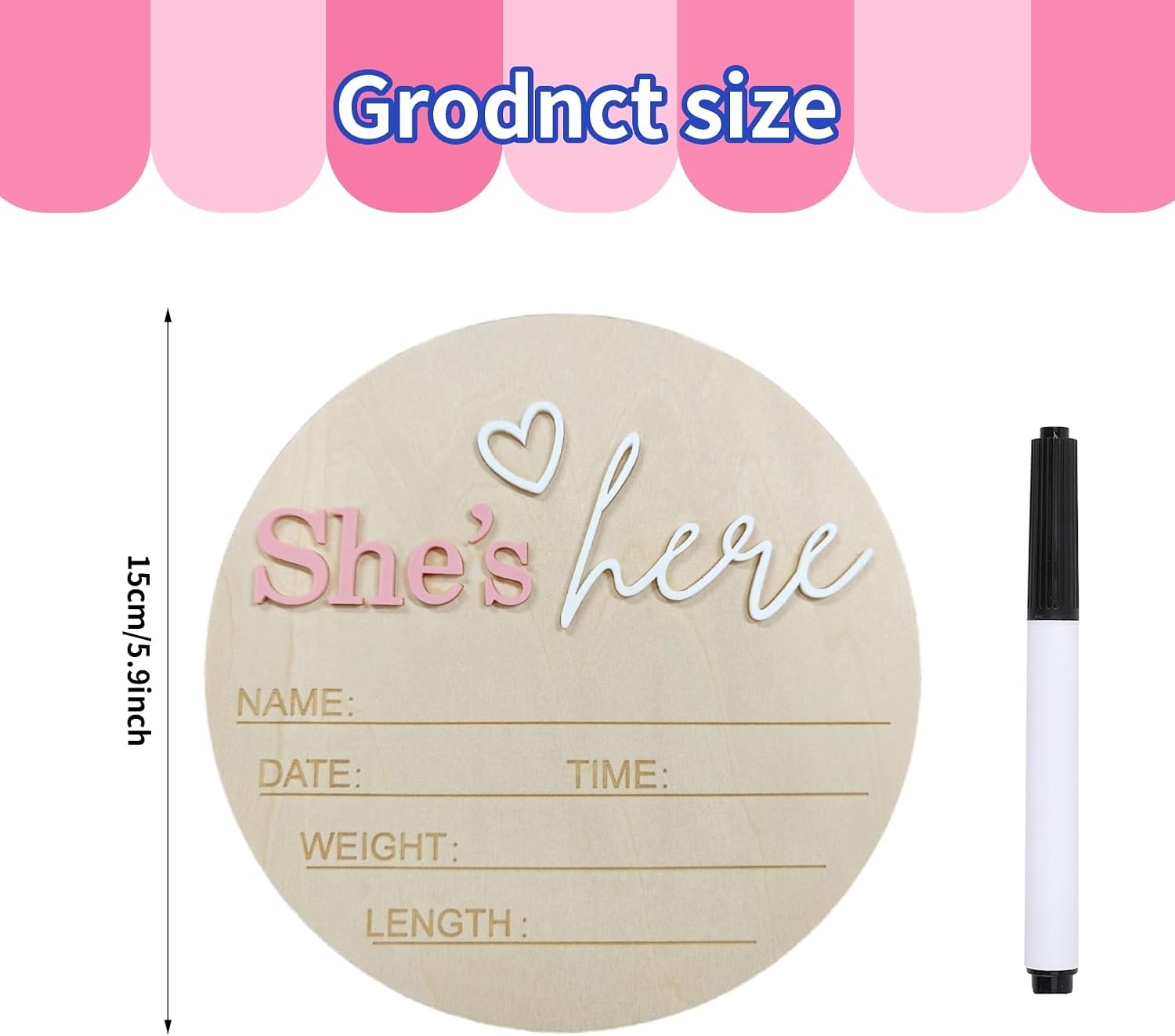 Baby Announcement Sign, ​5.9 Inch Wooden Hello World Newborn Signs, Birth Announcement Sign, Gender Reveal Signs, He's here Decoration, Welcome Newborn Arrival To World (She's,Pink-D)