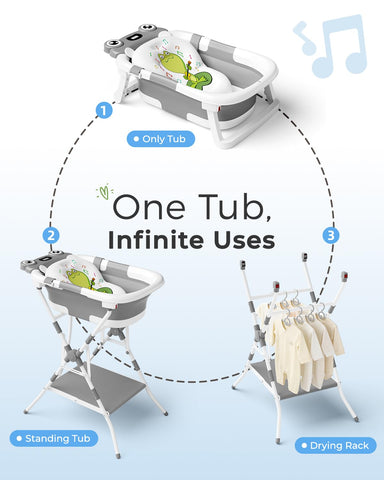 BUNWAG Foldable Baby Bathtub with Stand, 2-in-1 Portable Infant Bath Tub for Newborns and Toddlers, Ergonomic Height for Back Protection& Compact Storage Design