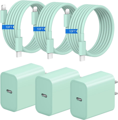 iPhone Fast Charger 3+3Pack 20W USB C Wall Charger with Extra Long 10FT Fast Charging Cable Compatible with iPhone 14/13/12/11/Pro/Pro Max-Green