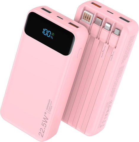 Nusyddy Portable Charger 20000mAh with 4 Built-in Cables & 6 Outputs Pink