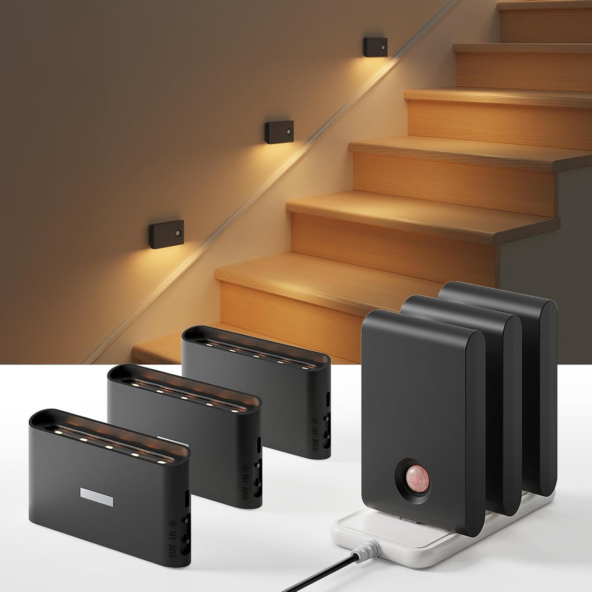 EZVALO 6 Pack Motion Sensor Night Lights with Charging Station, Sync LED Stair Lights Indoor, 1500mAh Rechargeable, Magnetic & Dimmable, 3000K Soft White, Portable Nightlight for Hallway (Black)