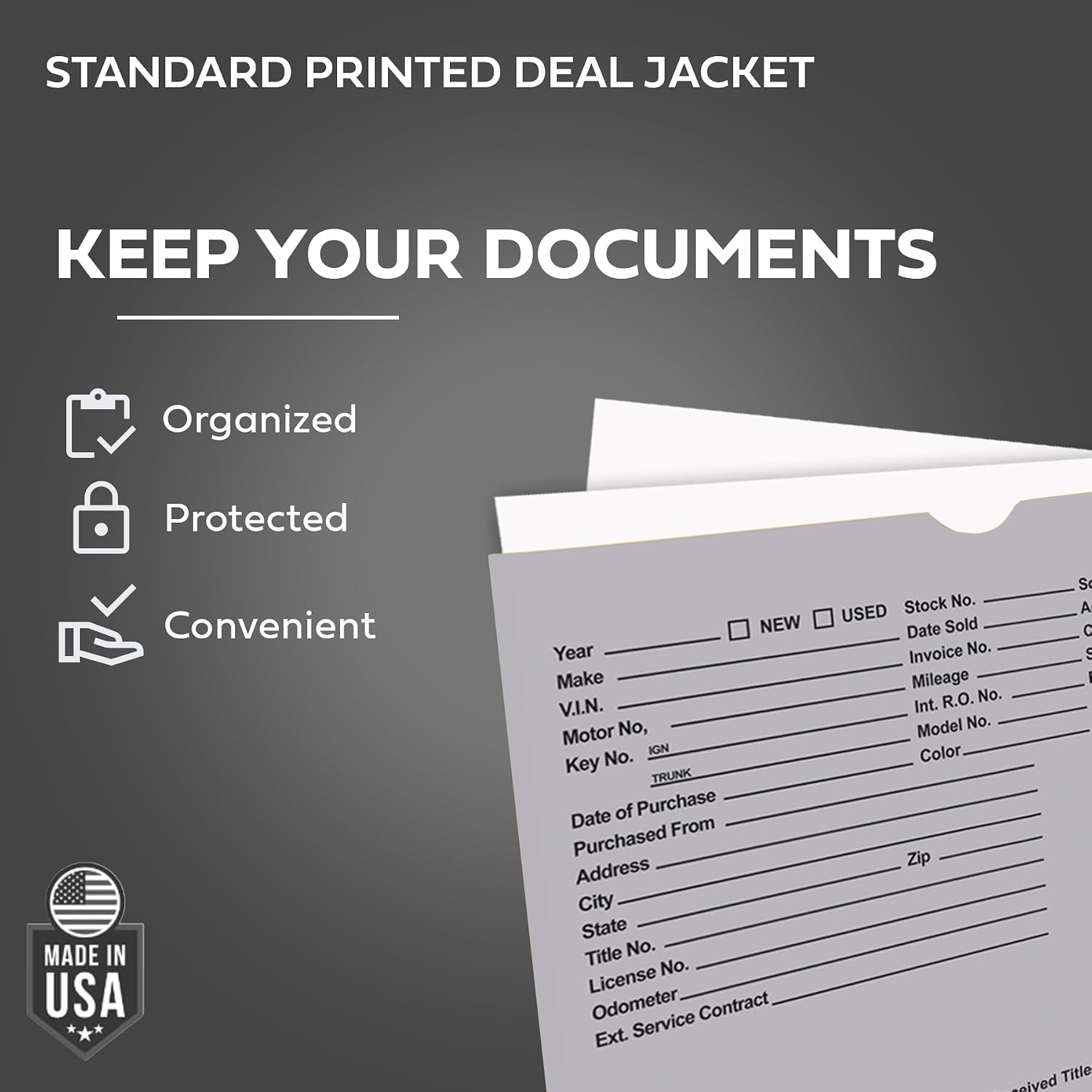 Printed Vehicle Deal Envelopes 9x12 Deal Jackets (100 shrink wrapped) (Gray)