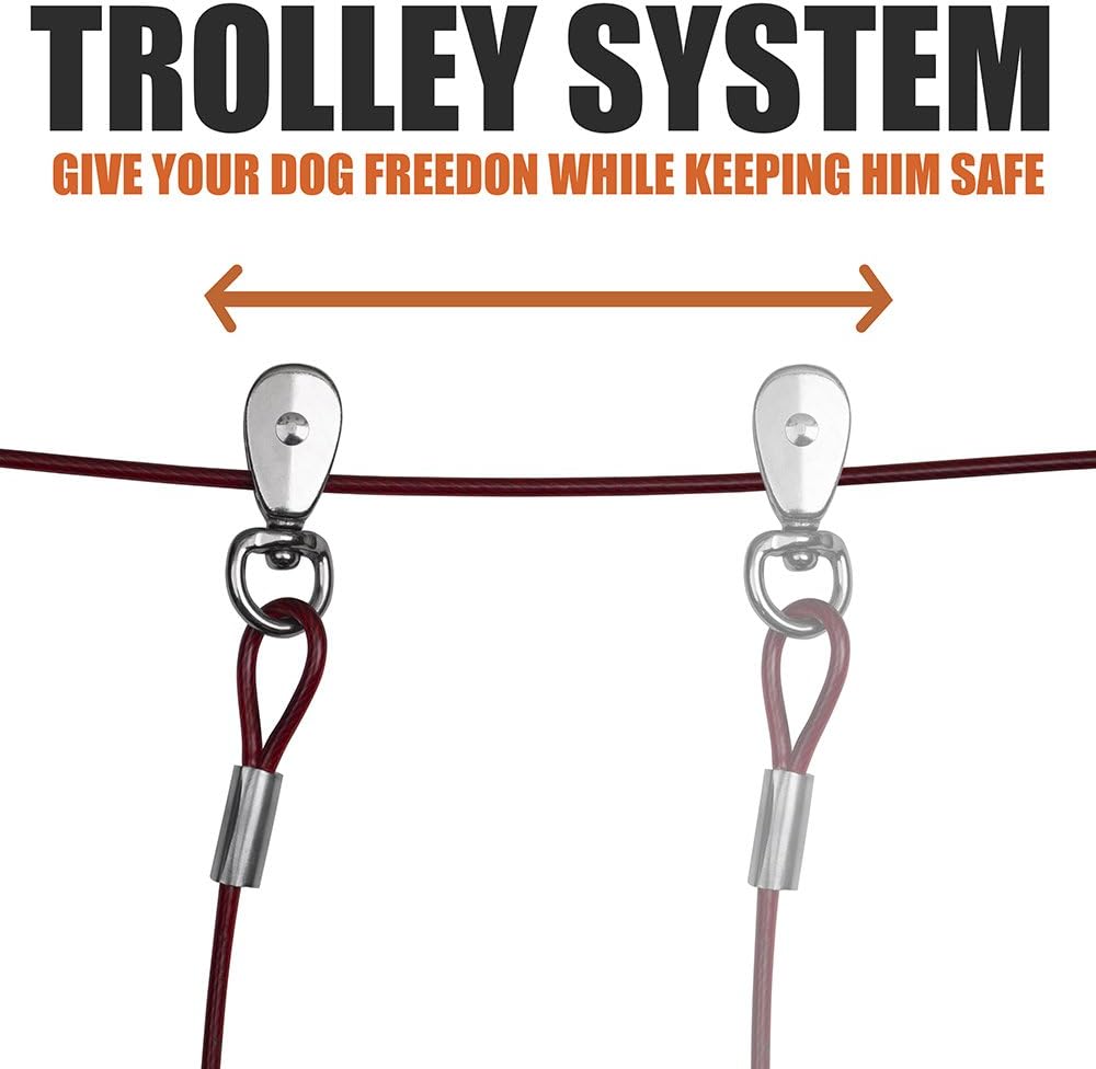 BV 60ft Aerial Pet Trolley System with 10ft Pulley Lead - Heavy Duty Dog Tie Out for Yard up to 125 lbs, Reflective Run Cable (Not a Leash, Bare End)