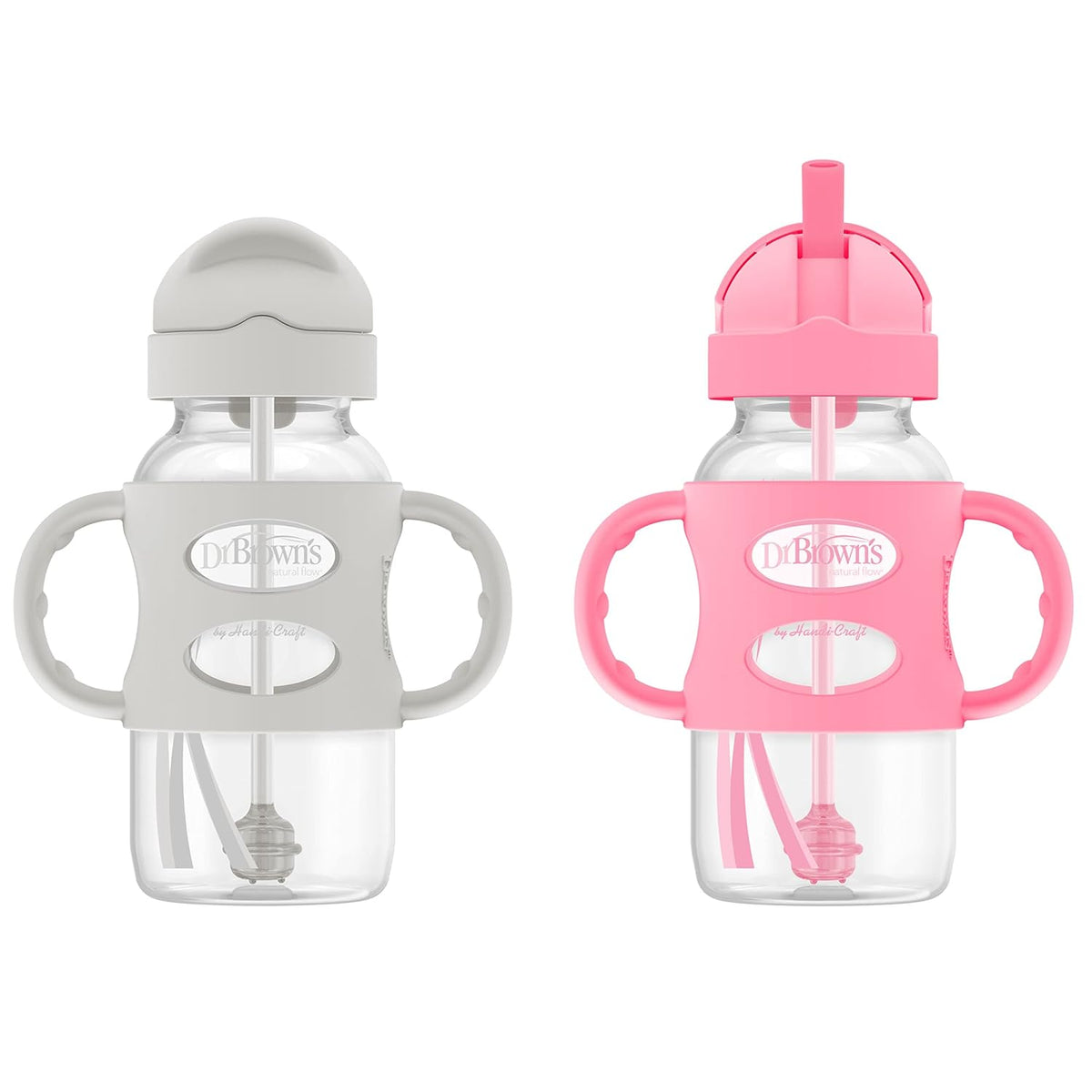 Dr. Brown's Wide-Neck Sippy Straw Bottle with Handles, Gray & Pink, 2-Pack