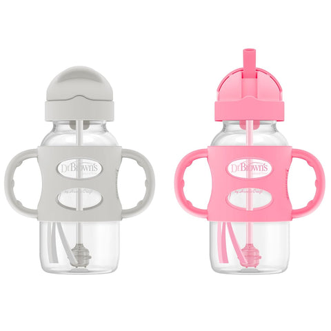 Dr. Brown's Wide-Neck Sippy Straw Bottle with Handles, Gray & Pink, 2-Pack