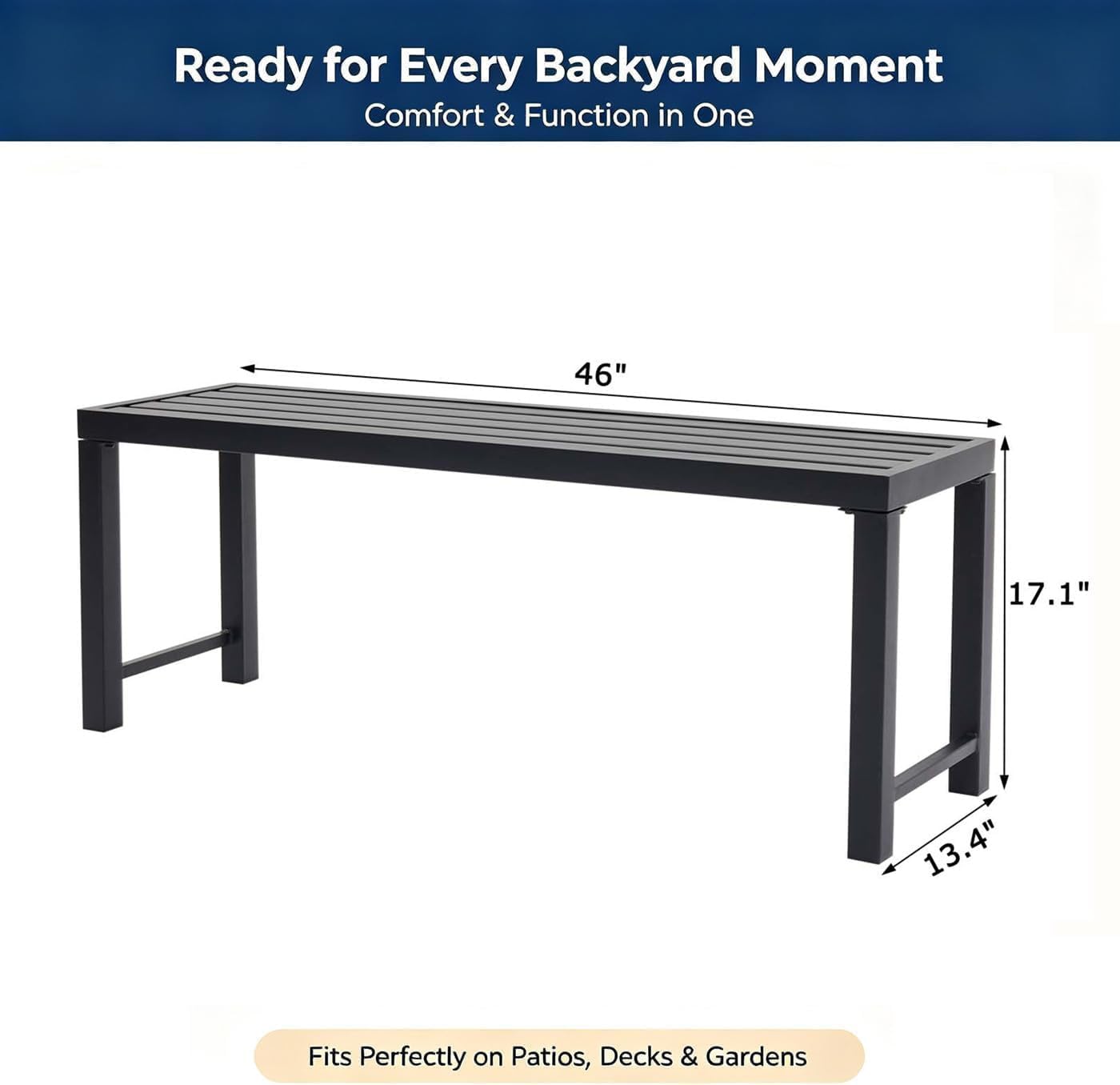 Black Outdoor Bench, Outdoor Metal Backless Bench, 46" Patio Garden Bench for Outdoor, All Wheather Outdoor Bench for Garden, Backyard, Porch, Black