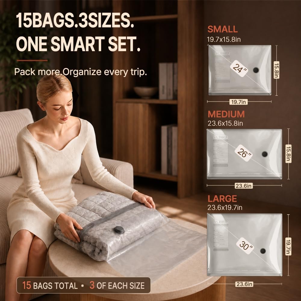 Vacbird Travel Vacuum Bags with Rechargeable Pump, Carry-On Space Saver