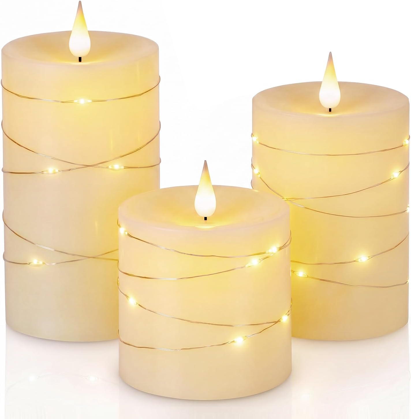 Homemory Ivory Flameless Candles with String Lights, Set of 3 Battery Operated LED Pillar Candles with 3D Flickering Wicks, 11-Key Remote Control and Timer for Home, Wedding and Christmas Decor