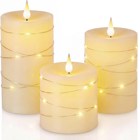 Homemory Ivory Flameless Candles with String Lights, Set of 3 Battery Operated LED Pillar Candles with 3D Flickering Wicks, 11-Key Remote Control and Timer for Home, Wedding and Christmas Decor