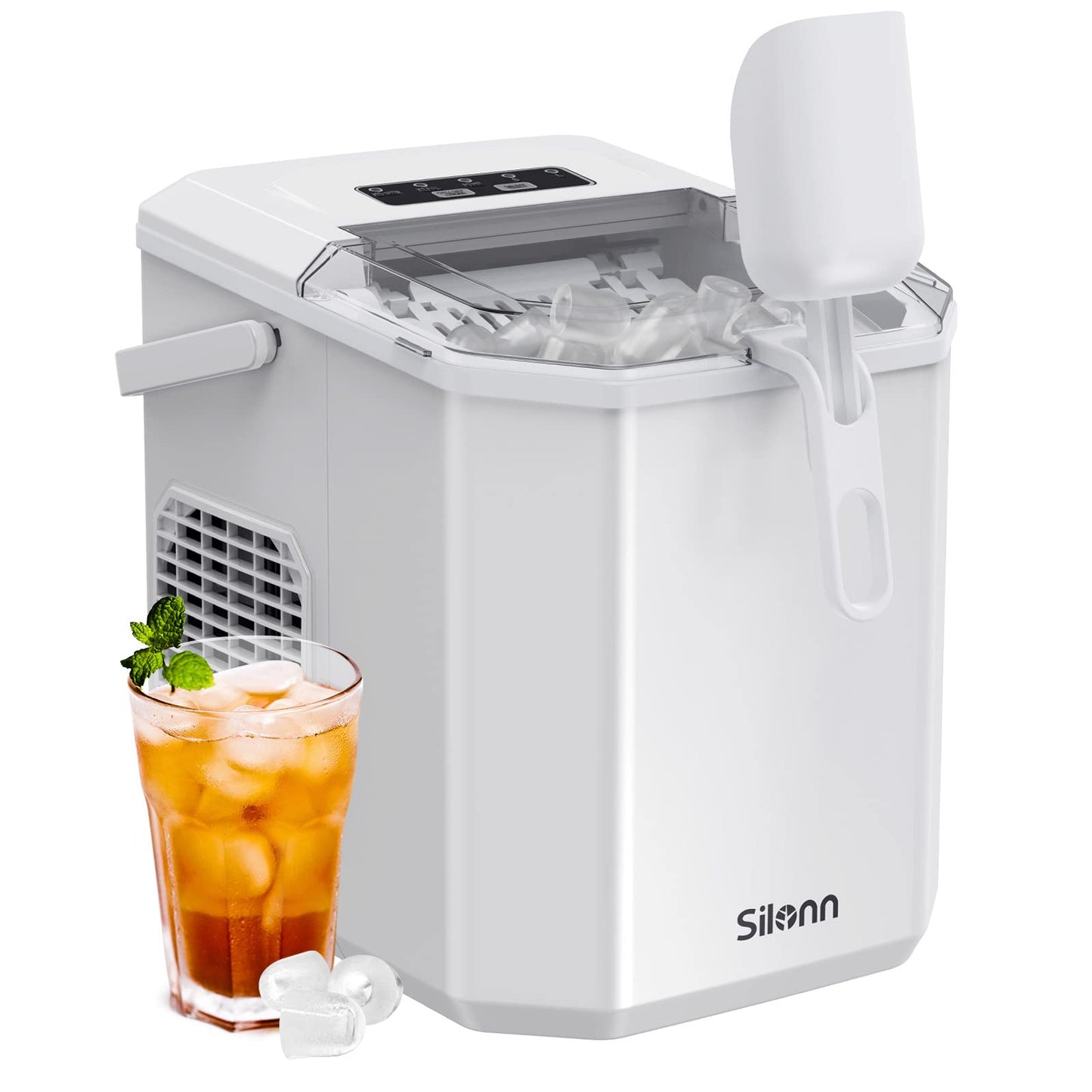 Silonn Ice Maker Countertop, Portable Ice Machine with Carry Handle, Self-Cleaning Ice Makers with Basket and Scoop, 9 Cubes in 6 Mins, 26 lbs per Day, Ideal for Home, Kitchen, Camping, RV