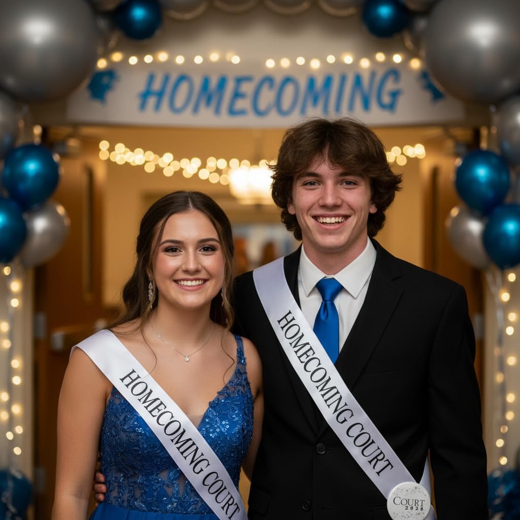 Anderson's Homecoming Court 2026 Set with White & Black Satin Sash, White Keepsake Button, High School Sash and Button for Homecoming Court, School Dance, Parade, Costume, Event, 2 Piece Set