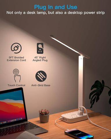 One Beat Small LED Desk Lamp Power Strip 5ft Extension Cord with 3 Outlets 4 USB Ports(2 USB C), 4 Modes, 5 Level Touch Lamp Study Reading Light, Home Office Bedroom College Dorm Room Essentials,White