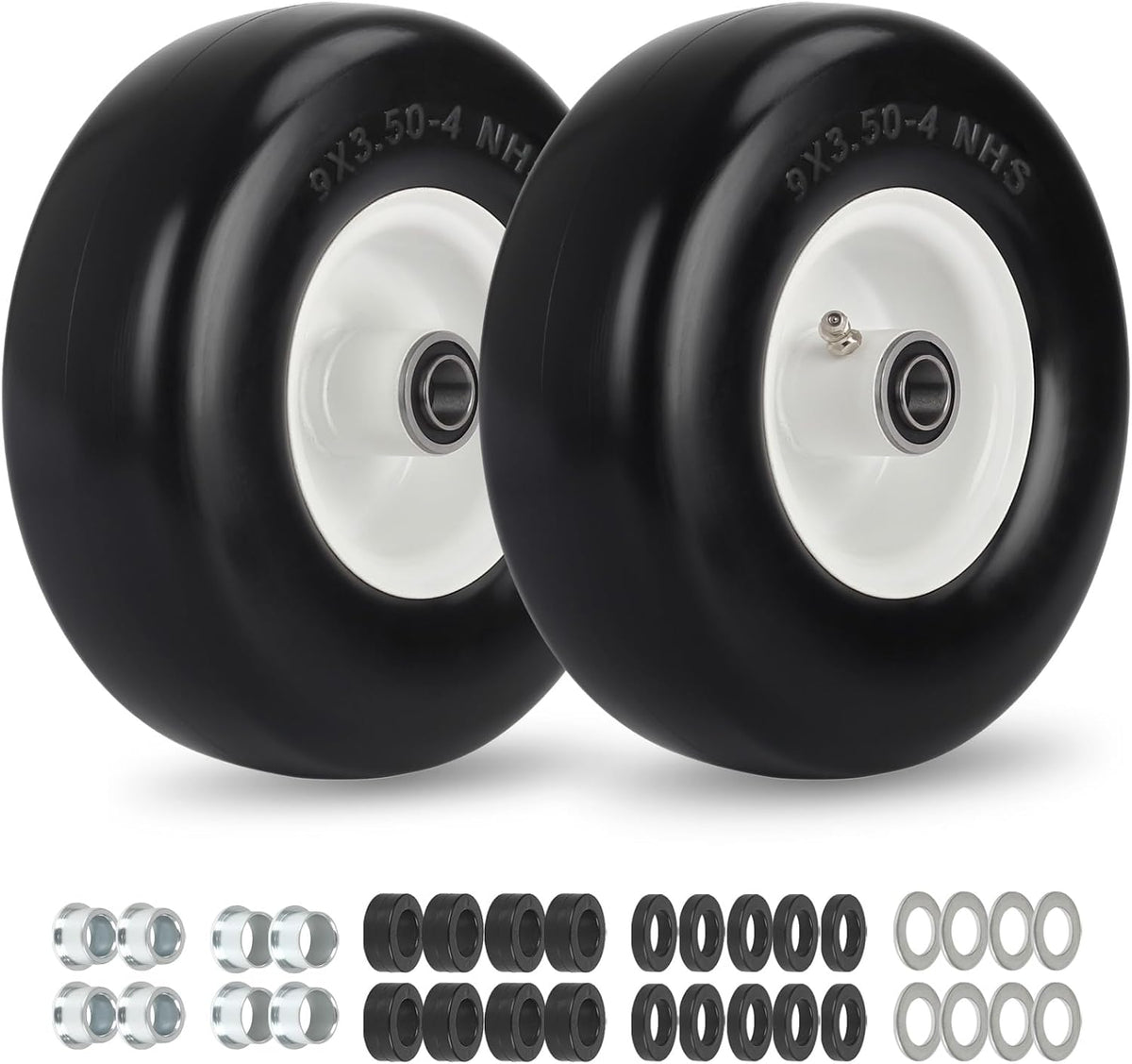 GICOOL 9x3.50-4 Zero Turn Mower Flat Free Tire and Wheel Assembly, Smooth Tread Front Tires for ZTR Mowers, 1/2'' & 3/4" & 5/8" Bearing Bore, Adjustable Centered Hub Length 3.5"-4"-4.5"-5", 2-Pack