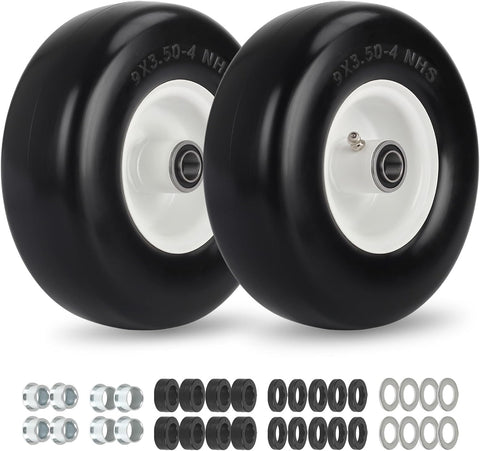 GICOOL 9x3.50-4 Zero Turn Mower Flat Free Tire and Wheel Assembly, Smooth Tread Front Tires for ZTR Mowers, 1/2'' & 3/4" & 5/8" Bearing Bore, Adjustable Centered Hub Length 3.5"-4"-4.5"-5", 2-Pack