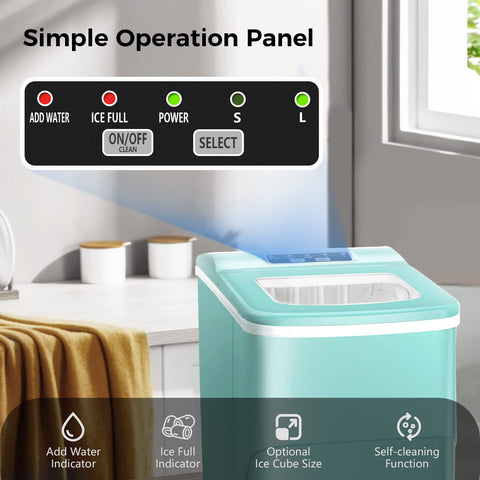 AGLUCKY Ice Makers Countertop with Self-Cleaning, 26lbs/24hrs, 9 Cubes Ready in 6 Mins, Portable Ice Machine with 2 Sizes/Scoop/Basket for Home/Kitchen/Office/Bar/Party, Green