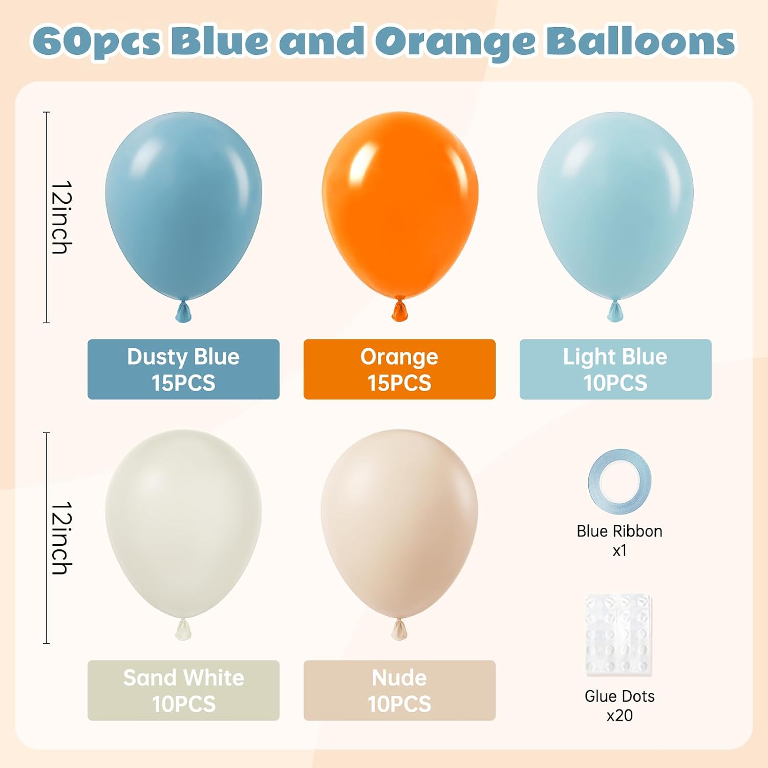 12inch Blue and Orange Balloons with Blue Orange White and Nude Balloons
