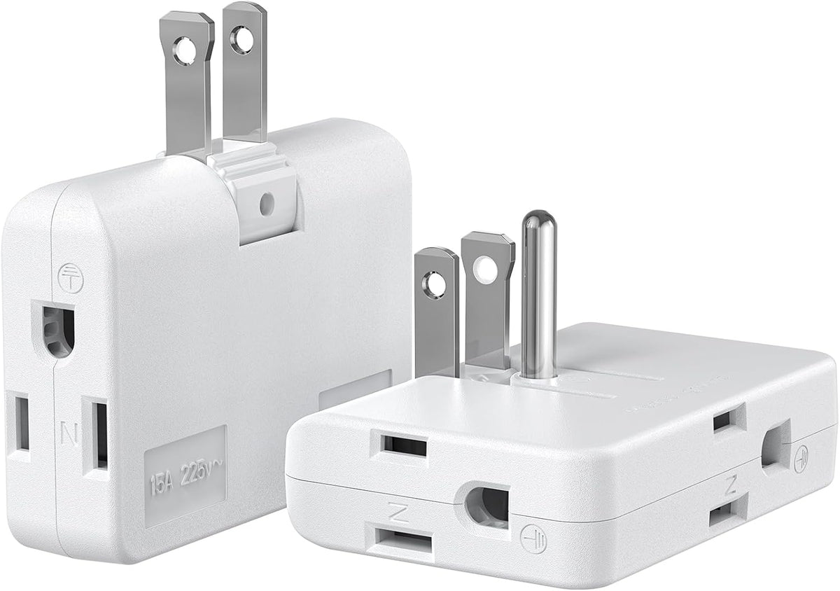 ETwinCoo 2-Prong/3-Prong Swivel Adapter, Polarized Grounding Converter with Flat Wall Plug, Fireproof 3-Outlet for Home Use (2 Pack)