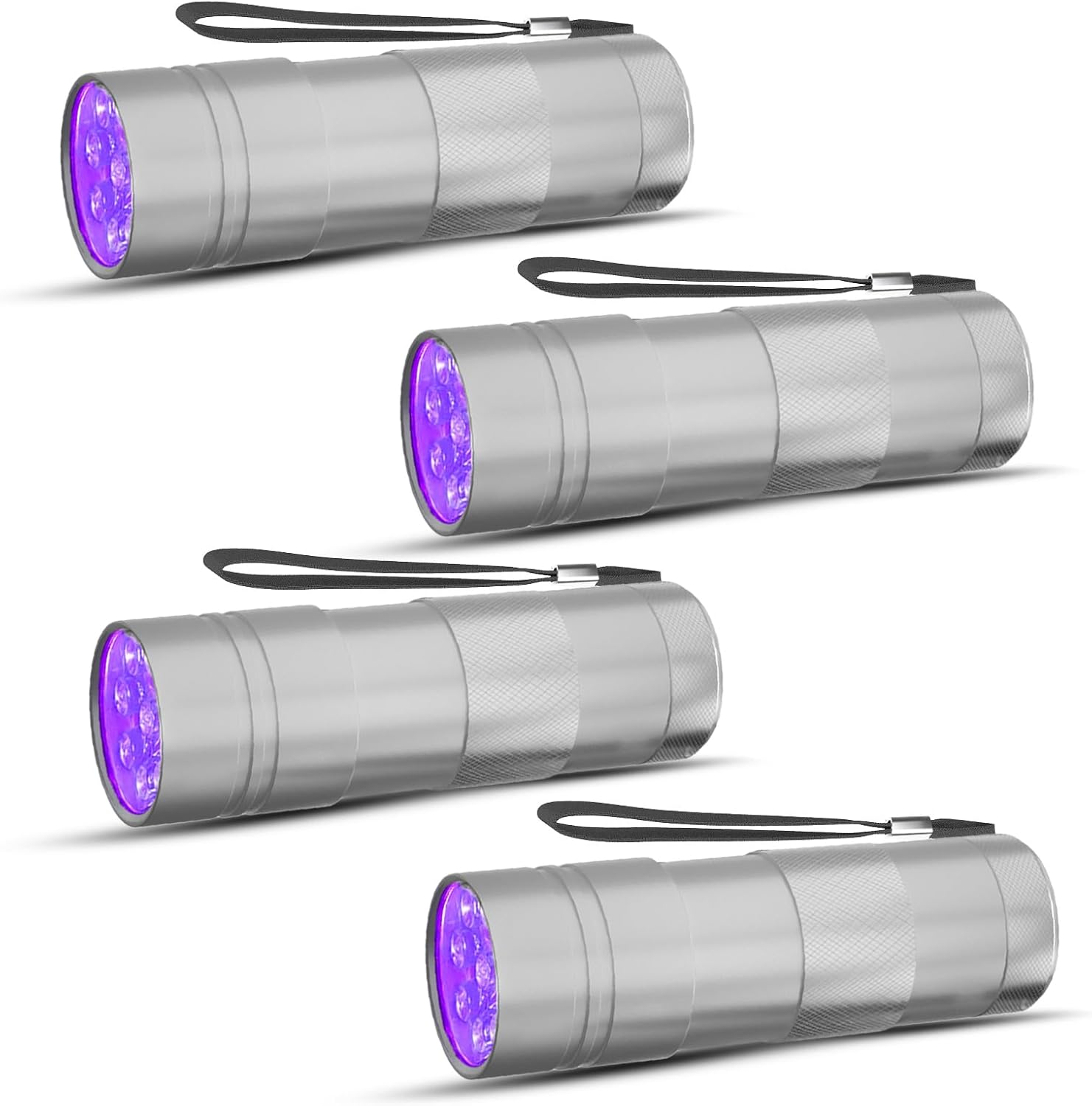 COSOOS 4 Pack Blacklight Flashlights, 395nm UV Handheld Black Light Flashlight, 12LED Mini Portable Pet Urine Detector for Dog Cat Urine, Scorpions, Dry Stains, Bed Bugs(Silver)