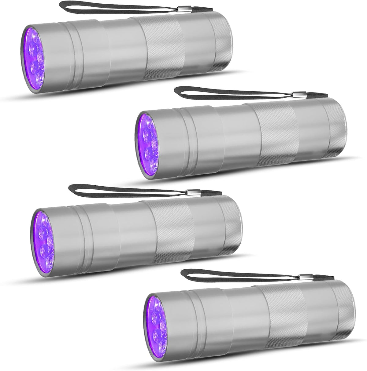 COSOOS 4 Pack Blacklight Flashlights, 395nm UV Handheld Black Light Flashlight, 12LED Mini Portable Pet Urine Detector for Dog Cat Urine, Scorpions, Dry Stains, Bed Bugs(Silver)