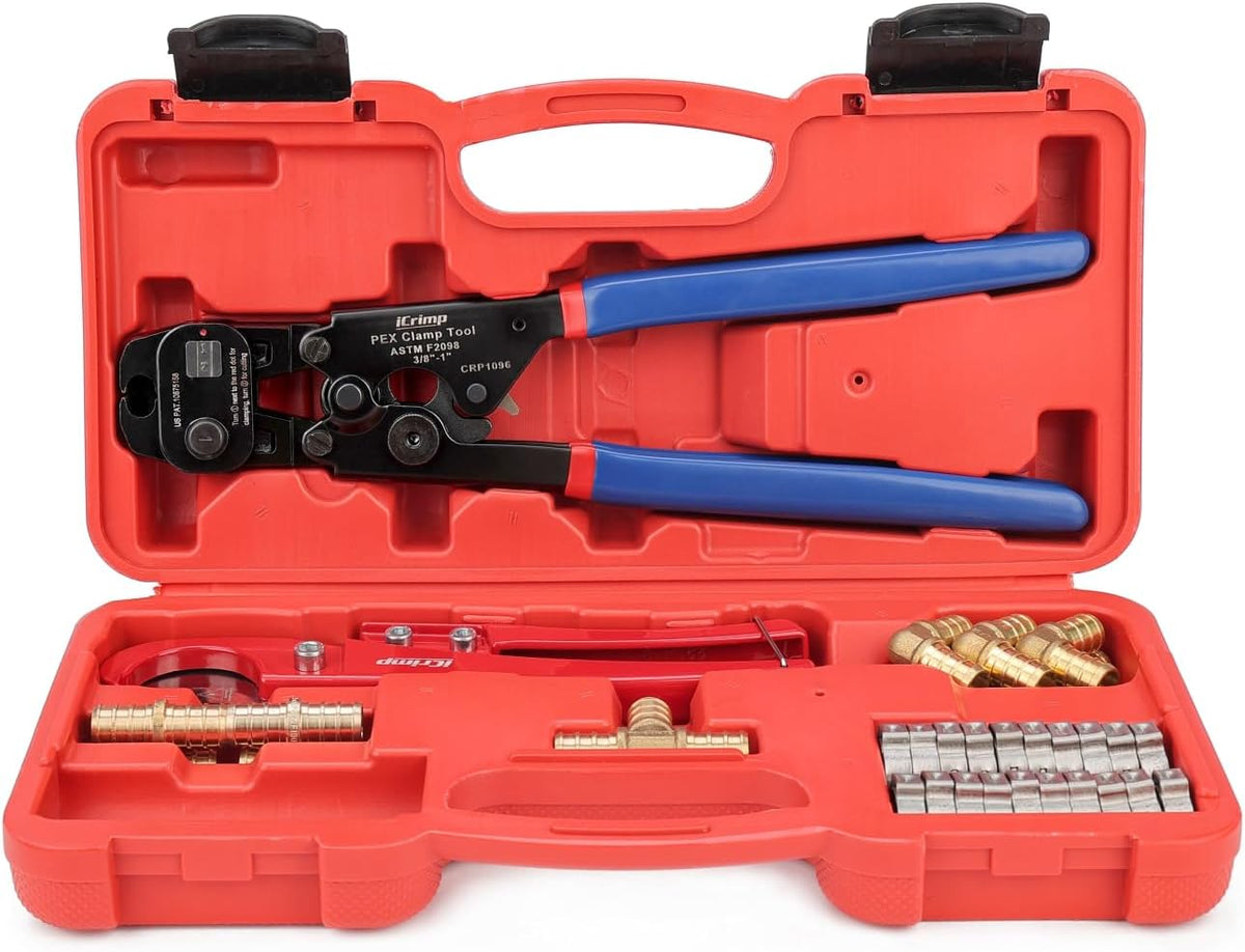 iCrimp PEX Clamp Tool PEX Fitting Kit for Cinch and Removal 3/8-in, 1/2-in, 3/4-in, 1-in PEX Clamps, c/w 1/2''(20 Pack) PEX Clamp Rings, Brass PEX Crimp Fittings(12 Pack), PEX Tubing Cutter
