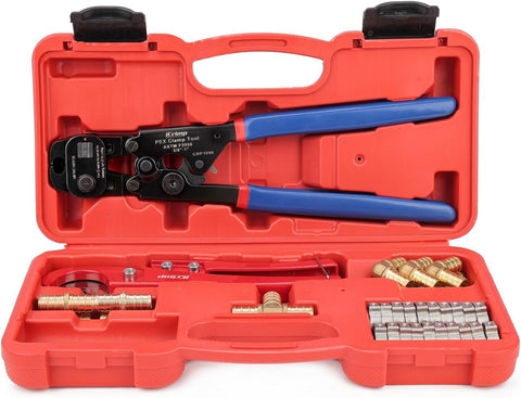 iCrimp PEX Clamp Tool PEX Fitting Kit for Cinch and Removal 3/8-in, 1/2-in, 3/4-in, 1-in PEX Clamps, c/w 1/2''(20 Pack) PEX Clamp Rings, Brass PEX Crimp Fittings(12 Pack), PEX Tubing Cutter