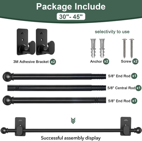ZNONOX Curtain Rods No Drilling for Windows 30 to 45 Inches,5/8 Inch Diameter No Drill Curtain Rod Set with 3M Adhesive Brackets, Black