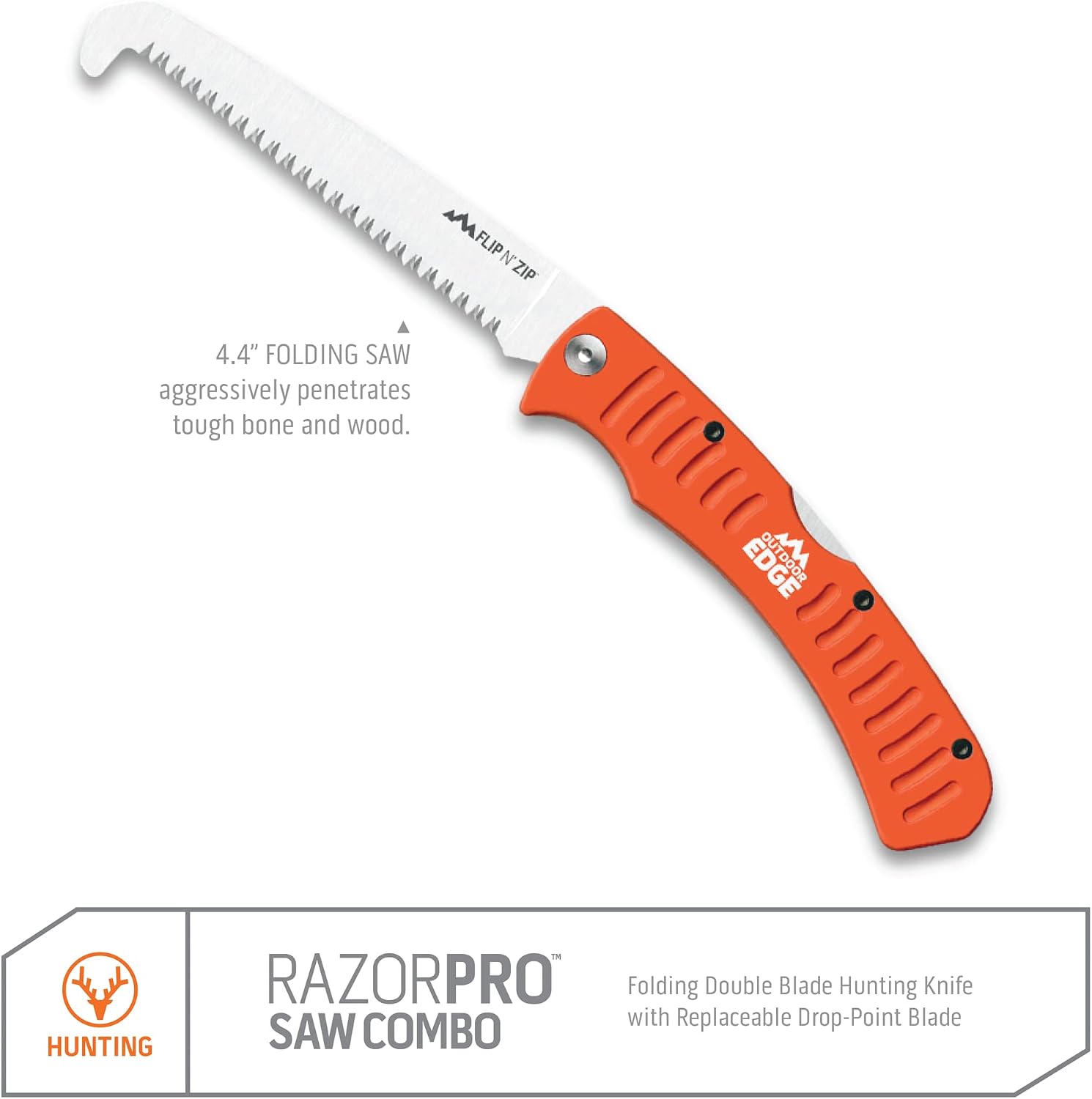 OUTDOOR EDGE RazorPro Double Blade Hunting Knife with Flip N’ Zip Bone Saw – Folding Knife with Gutting Blade & Replaceable RazorSafe Skinning Edge, Includes Camo Nylon Sheath