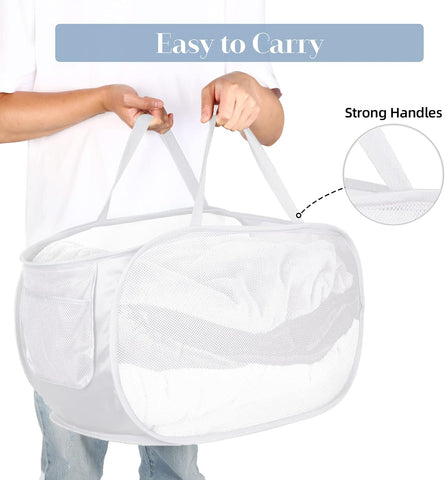 Strong Mesh Pop Up Laundry Basket, Collapsible Laundry Hamper with Side Pocket, Foldable Clothes Hamper with Durable Reinforced Handles for Laundry, Bathroom, Kids Room, Dorm or Travel 2 Pack White