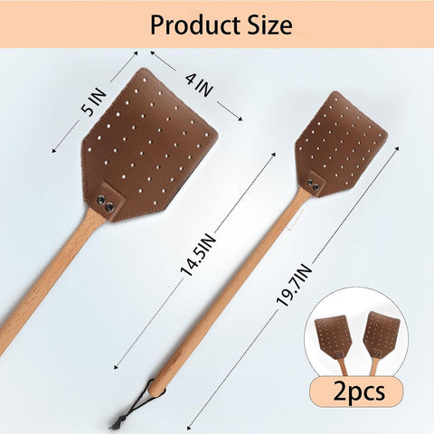 DEBETOOL 2-Pack Wooden Leather Fly Swatter Set with Heavy Duty Handle
