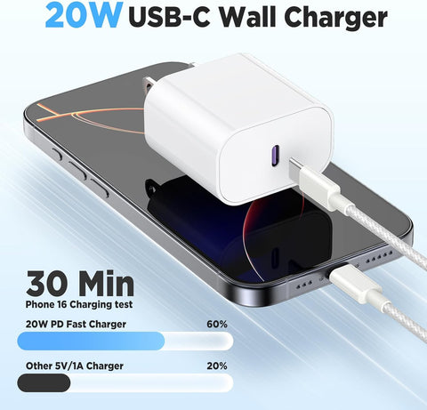 20W USB C Fast Charging for iPhone 17 Air/16/15 Pro Max,3Pack Colorful Mixed Charger Block with Braided Long USB C to C Cables (6/10ft) Compatible with iPhone16/15 Pro/15 Plus/iPad Pro