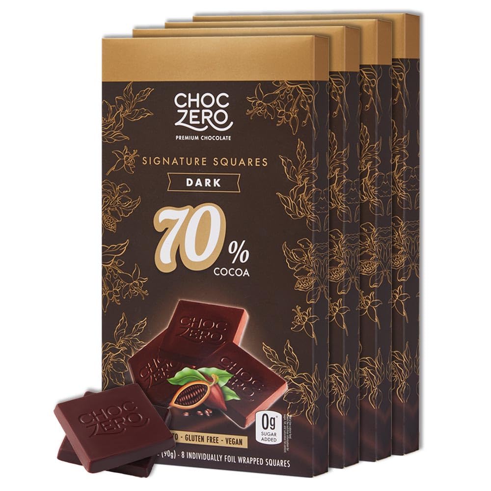 ChocZero 70% Cocoa Sugar Free Dark Chocolate Squares, Vegan, 4 Pack