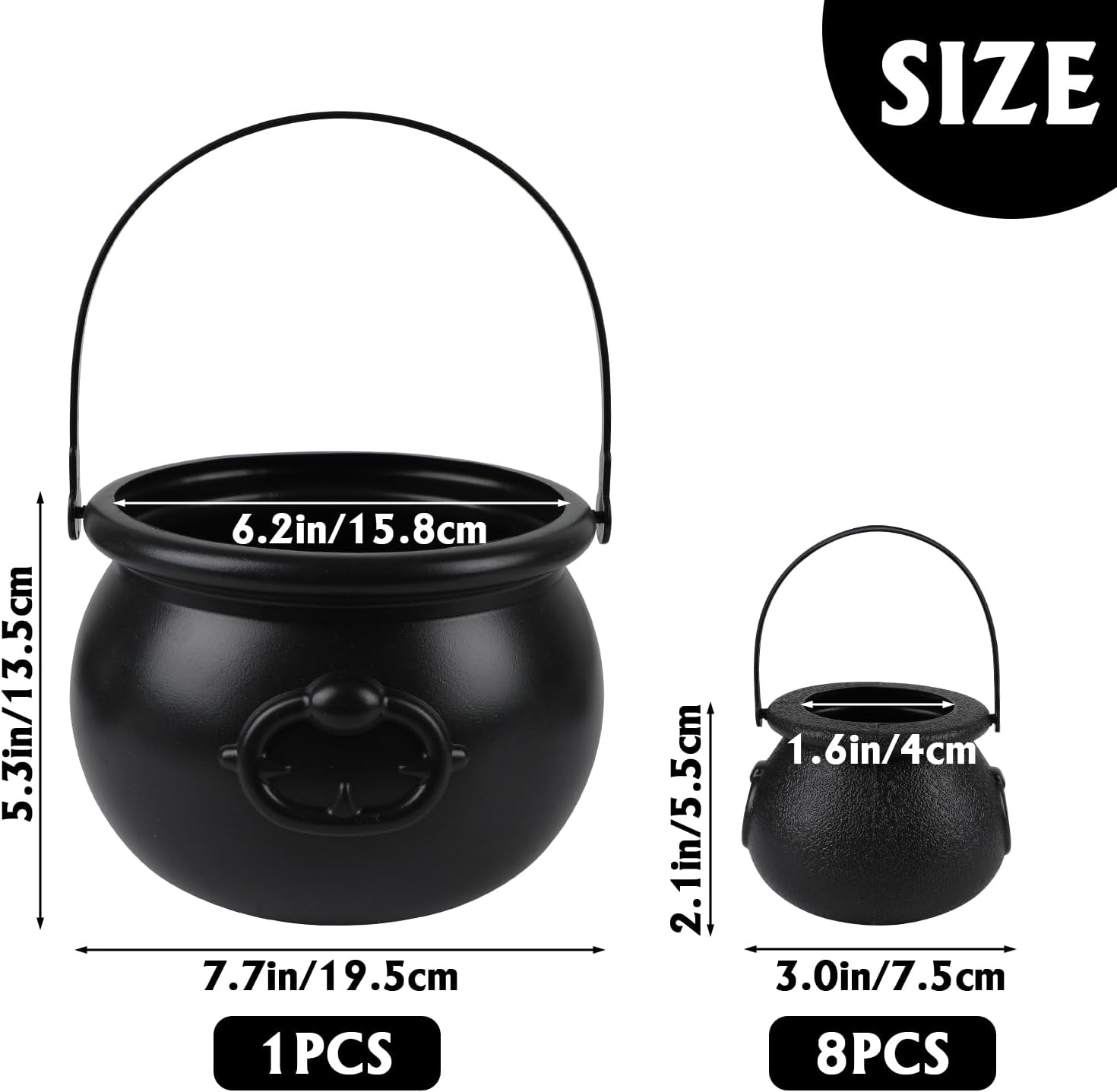 DIYASY Black Candy Cauldron, 8 Mini & 1 Large 7.7" Plastic Kettles Buckets with Handle Witch Cauldron Pot for Kids Halloween St. Patrick's Party Favors