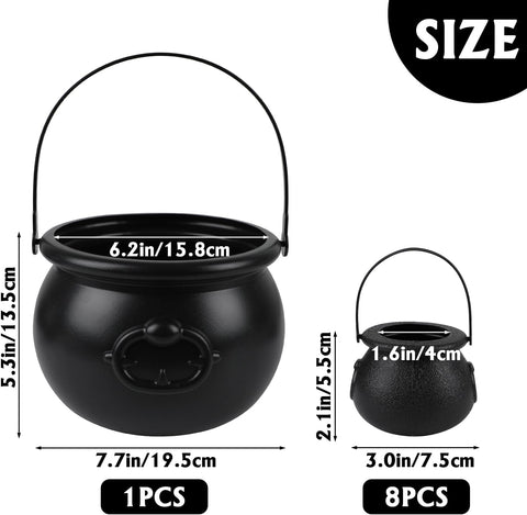 DIYASY Black Candy Cauldron, 8 Mini & 1 Large 7.7" Plastic Kettles Buckets with Handle Witch Cauldron Pot for Kids Halloween St. Patrick's Party Favors