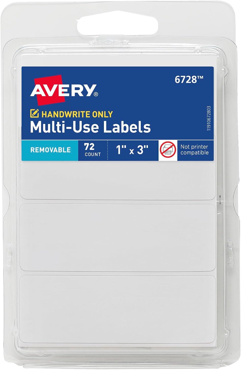 Avery® Multi-Use Removable Labels, 1" x 3", White, Non-Printable, 72 Blank Labels Total (6728)